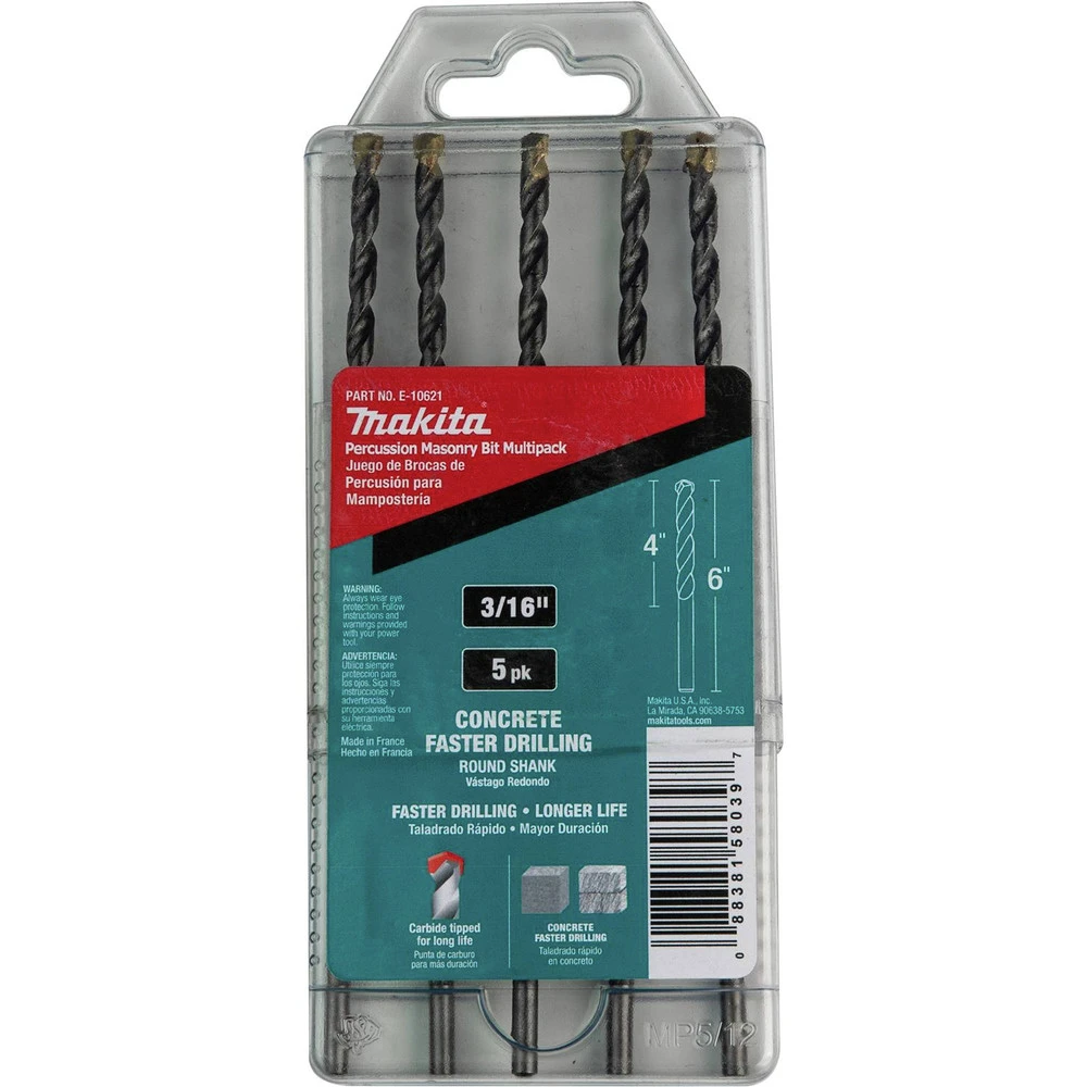 Makita E-10621 5-Piece 3/16 In. X 6 In. Carbide Tipped Percussion Masonry Hammer Drill Bit Set 5 Makita E-10621 5-Piece 3/16 In. X 6 In. Carbide Tipped Percussion Masonry Hammer Drill Bit Set - Image 3