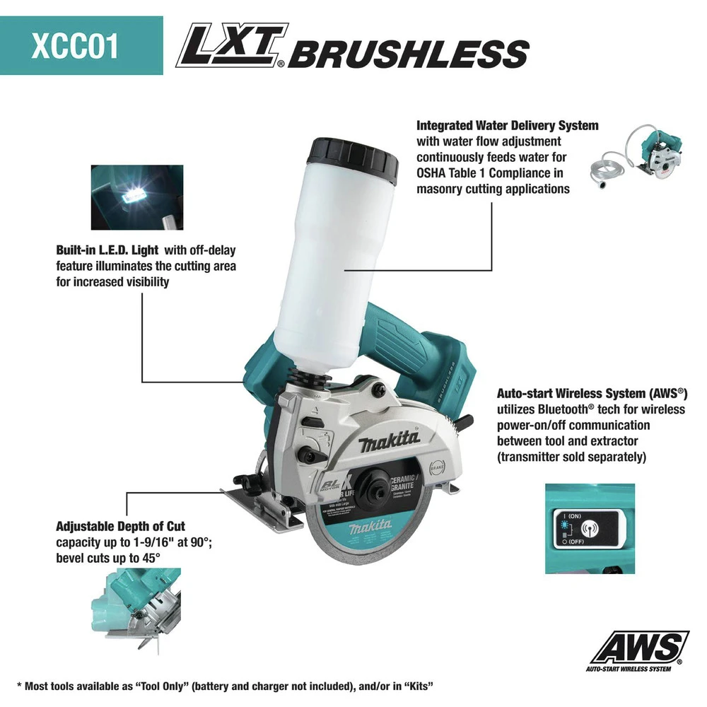 Makita XCC01Z 18V LXT AWS Capable Brushless Lithium-Ion 5 In. Cordless Wet/Dry Masonry Saw (Tool Only) 4 Makita XCC01Z 18V LXT AWS Capable Brushless Lithium-Ion 5 In. Cordless Wet/Dry Masonry Saw (Tool Only) - Image 2