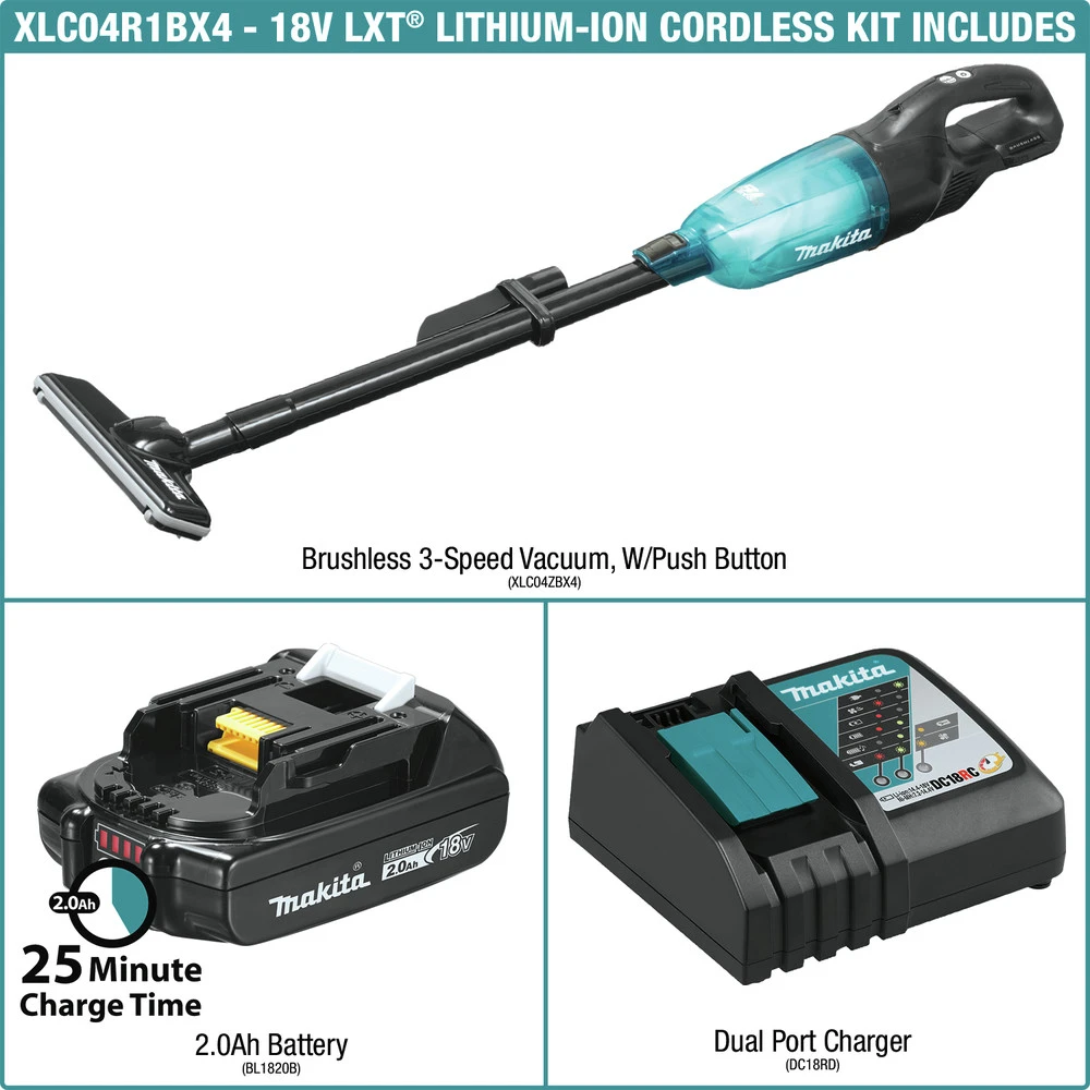 Makita XLC04R1BX4 18V LXT Lithium-ion Compact Brushless Cordless 3-Speed Vacuum Kit With Push Button (2 Ah) 4 Makita XLC04R1BX4 18V LXT Lithium-ion Compact Brushless Cordless 3-Speed Vacuum Kit With Push Button (2 Ah) - Image 2