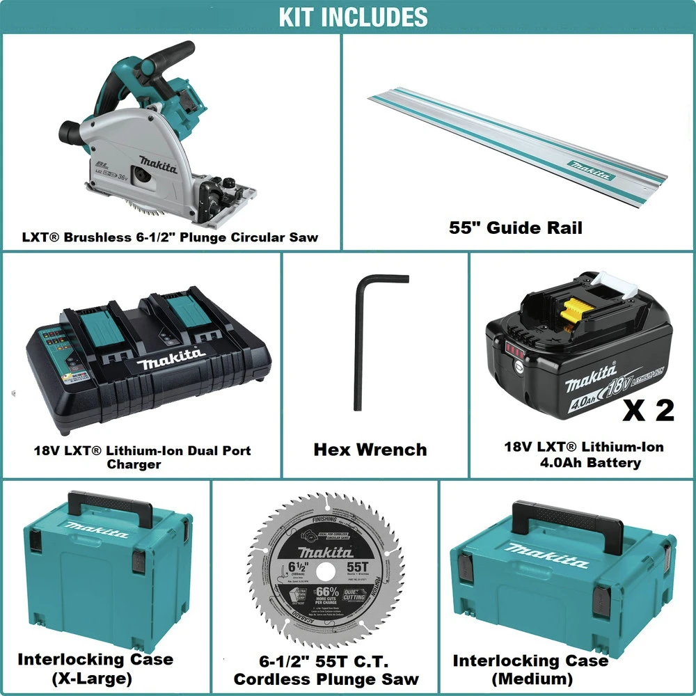 Makita XPS01PMJ-194368-5 18V X2 (36V) LXT Brushless Lithium-Ion 6-1/2 In. Cordless Plunge Circular Saw Kit With 2 Batteries (4 Ah) And 55 In. Guide Rail 4 Makita XPS01PMJ-194368-5 18V X2 (36V) LXT Brushless Lithium-Ion 6-1/2 In. Cordless Plunge Circular Saw Kit With 2 Batteries (4 Ah) And 55 In. Guide Rail - Image 2
