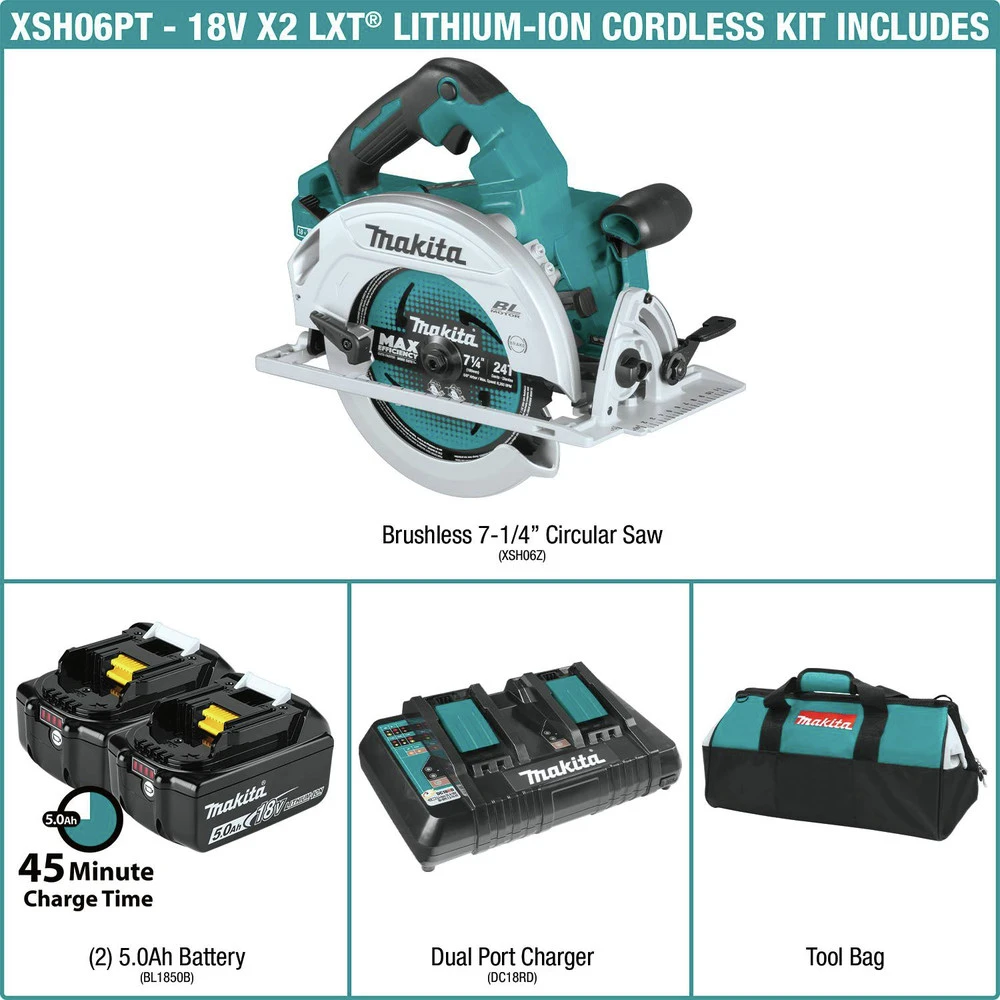 Factory Reconditioned Makita XSH06PT-R 18V X2 LXT Lithium-Ion (36V) 5 Ah Brushless Cordless 7-1/4 In. Circular Saw Kit 4 Factory Reconditioned Makita XSH06PT-R 18V X2 LXT Lithium-Ion (36V) 5 Ah Brushless Cordless 7-1/4 In. Circular Saw Kit - Image 2